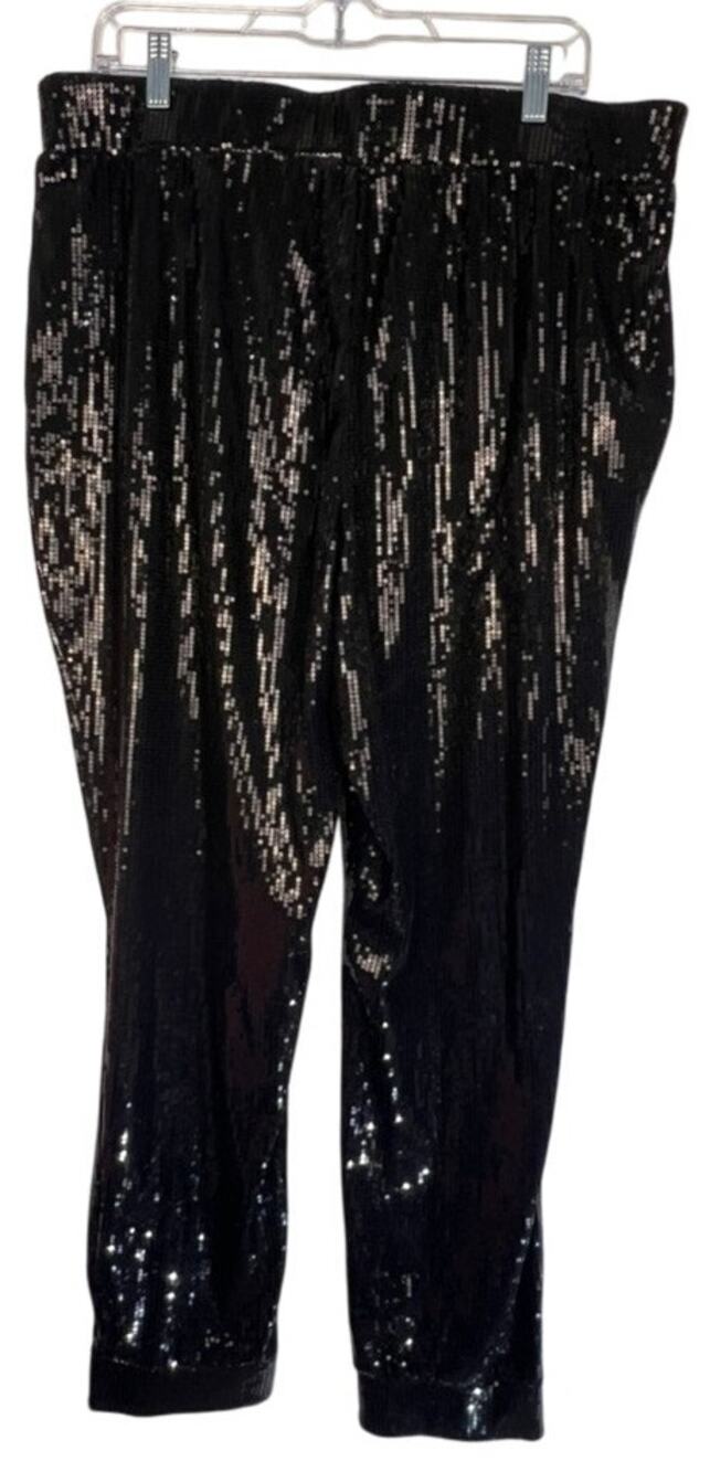 Cara Santana Nine West Party Festive Sparkle Black Sequins Joggers Pants XL